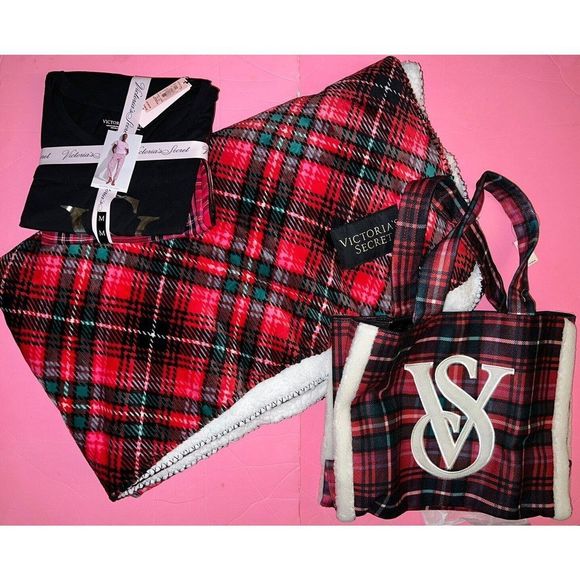 VICTORIA'S SECRET M PJ TEE-JAMA PAJAMAS+BLANKET+BAG flannel red PLAID CHRISTMAS